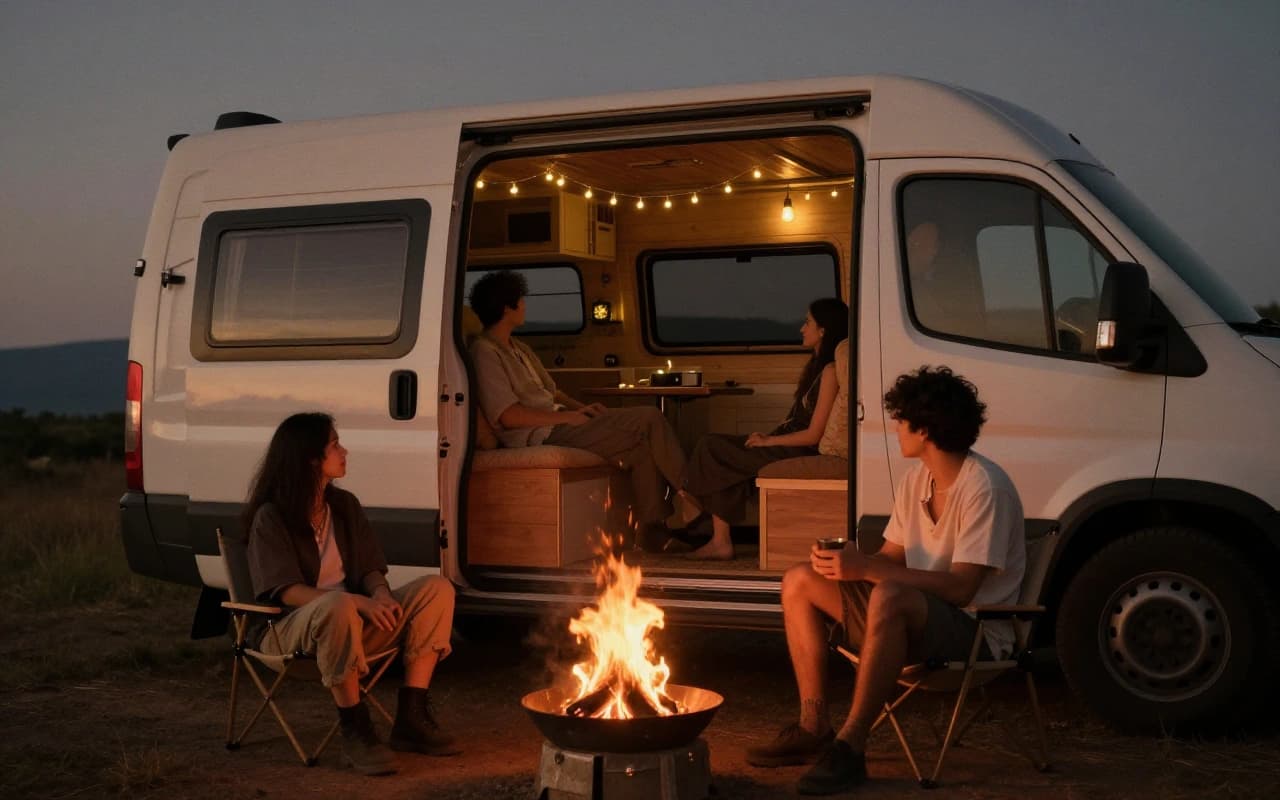 Abendstimmung mit Lagerfeuer neben dem Camper unter dem ersten Sternenhimmel
