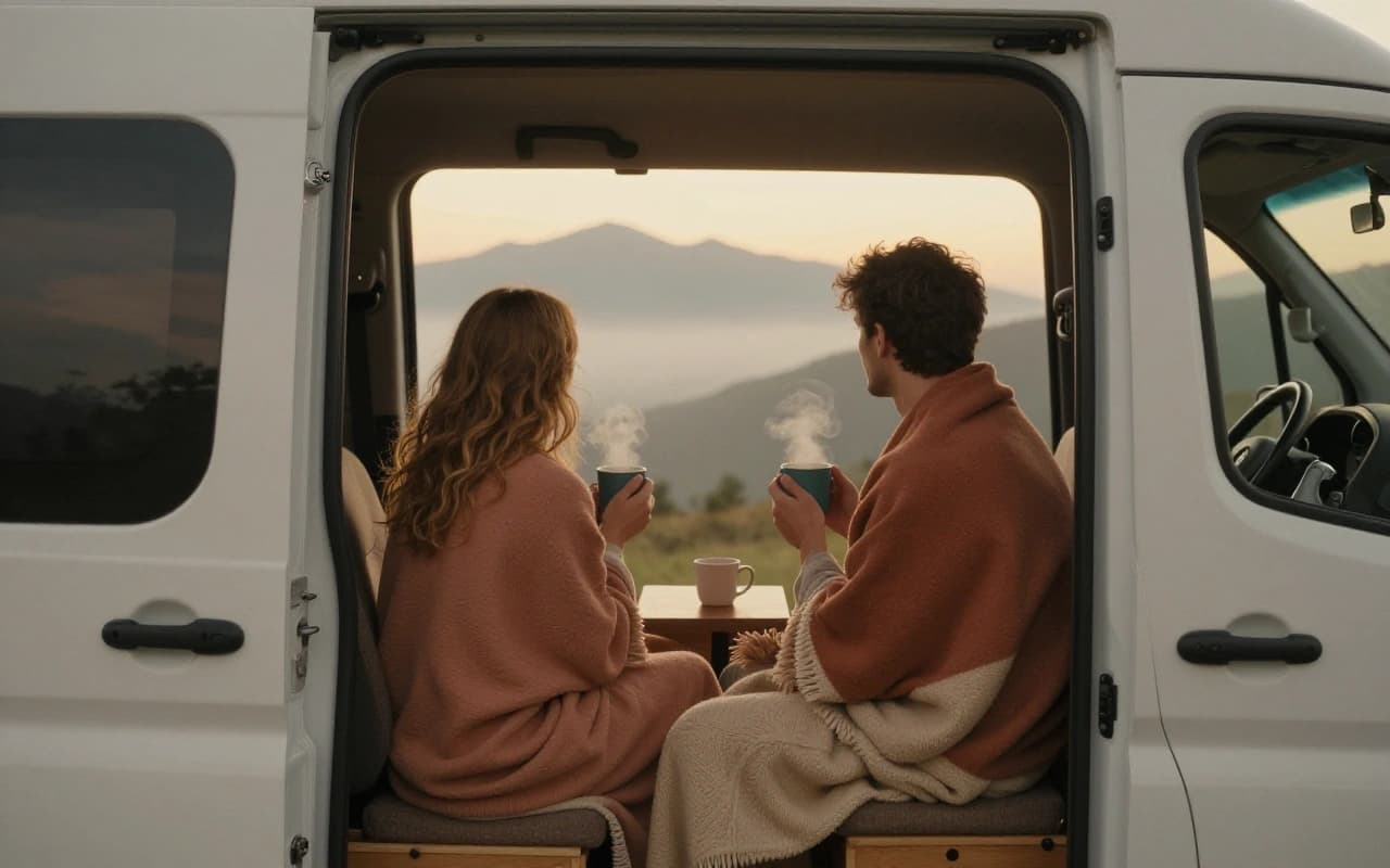 Paar in Decken gehüllt mit Kaffee in der offenen Schiebetür des Campers, Blick auf neblige Berge im Morgenlicht