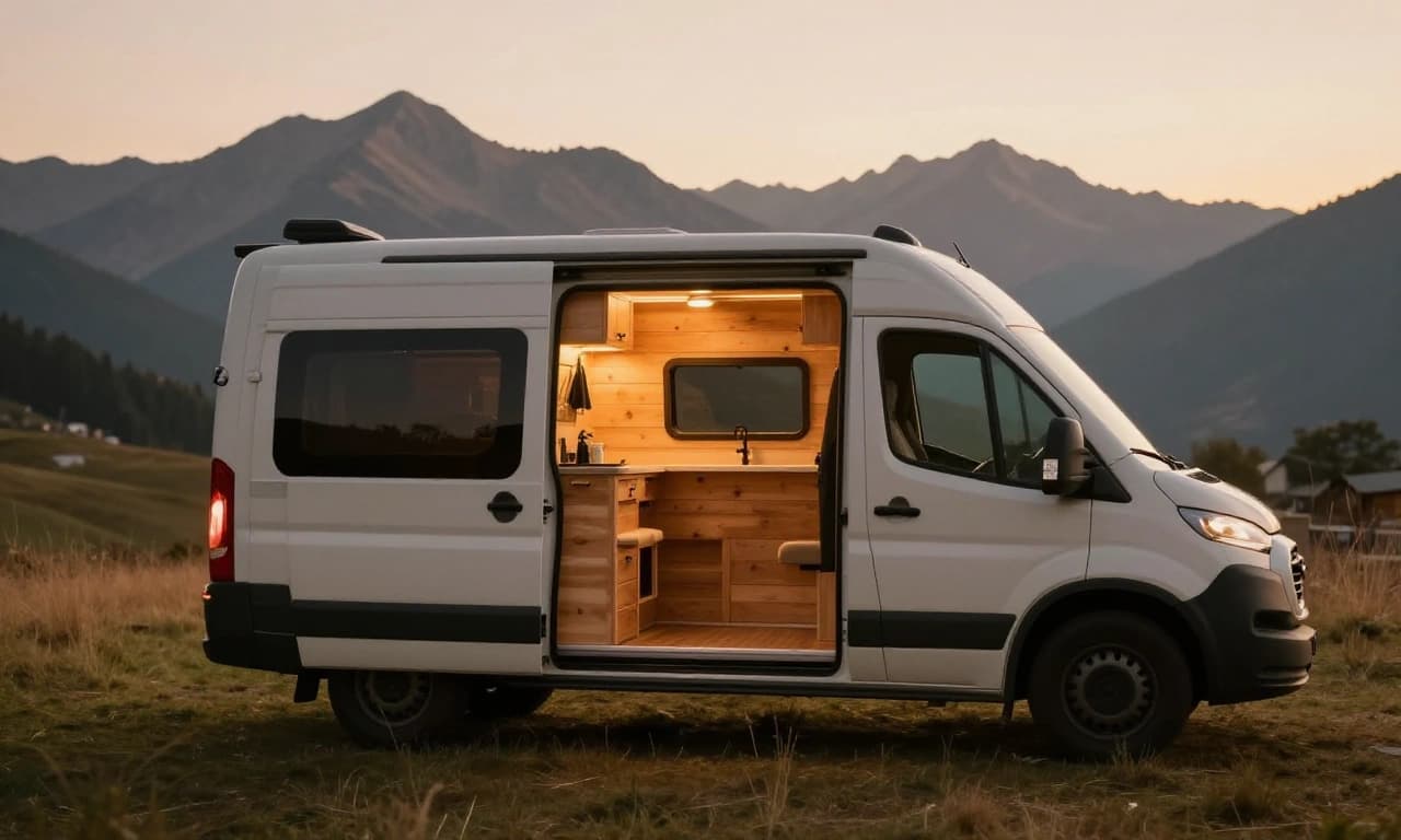 Ausgebauter Camper mit warmem Holz-Interior in den Bergen bei Sonnenuntergang