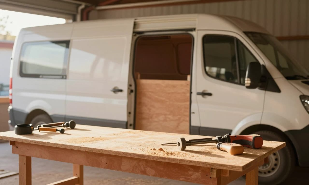 Blick in die Werkstatt von Wildnest Camper mit Holzarbeiten und Werkzeug